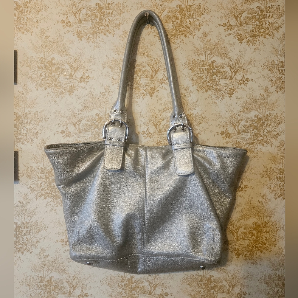 Tignanello Leather Metallic Silver Handbag And Wallet Set